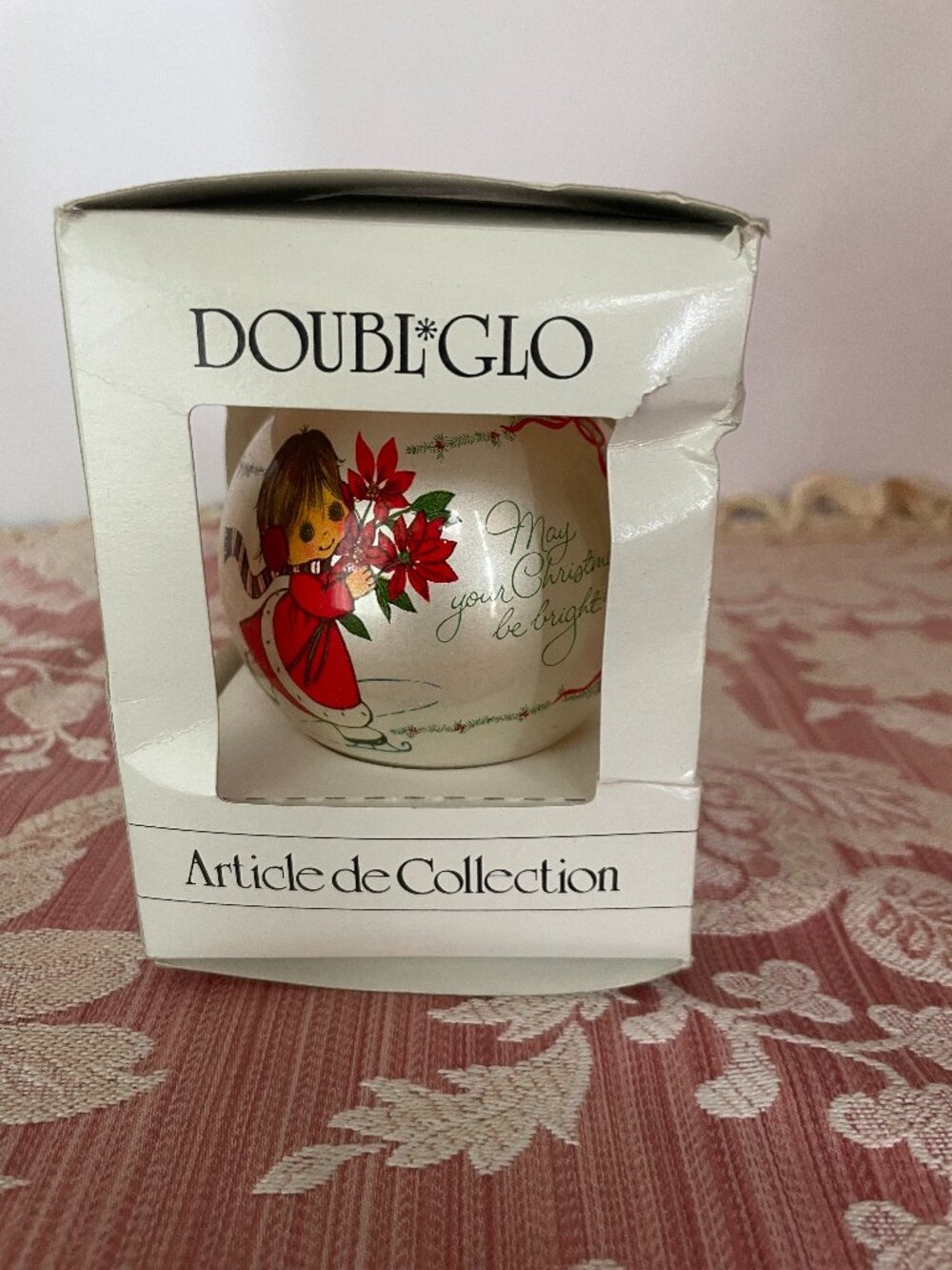 DOUBLE*GLO Christmas ornament glass ball skating girl poinsettia flowers